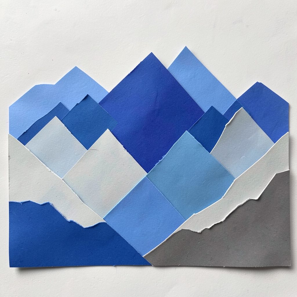 Collage di carta ritagliata con silhouette di montagne e un runner in quota, tonalità blu, grigie e verdi, atmosfera energica e ariosa.